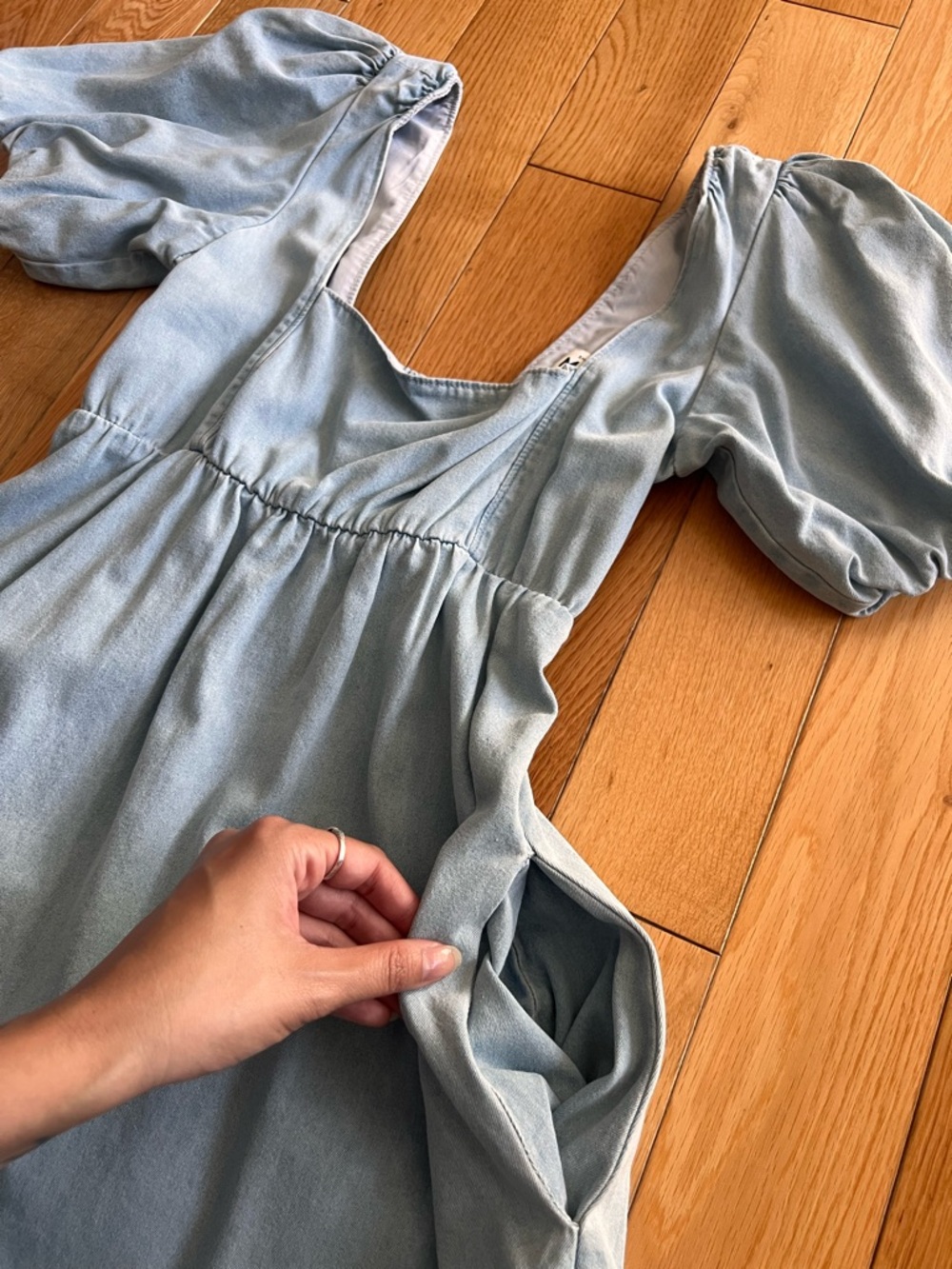 Show Me Your Mumu Smitten Babydoll Puff Sleeve Denim Dress Sky Blue Size Small - Picture 7 of 11